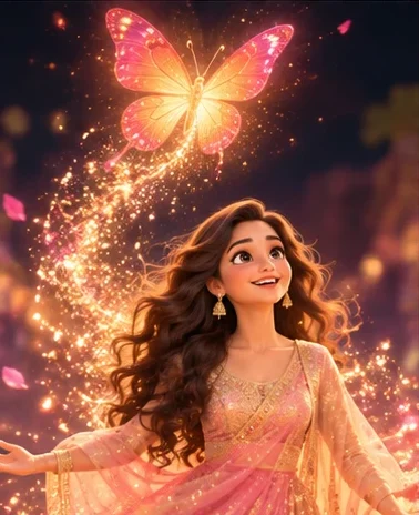 Indu, a glowing butterfly, turning into a young woman